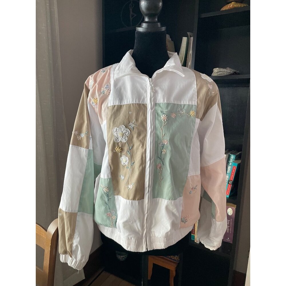 Vintage 90s Koret Patchwork Embroidered Pastel Statement Light Jacket M Artist